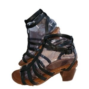 Gianni Bini Black LEATHER Platform Wedge Block Heel Sandals Shoes  8 Size Off